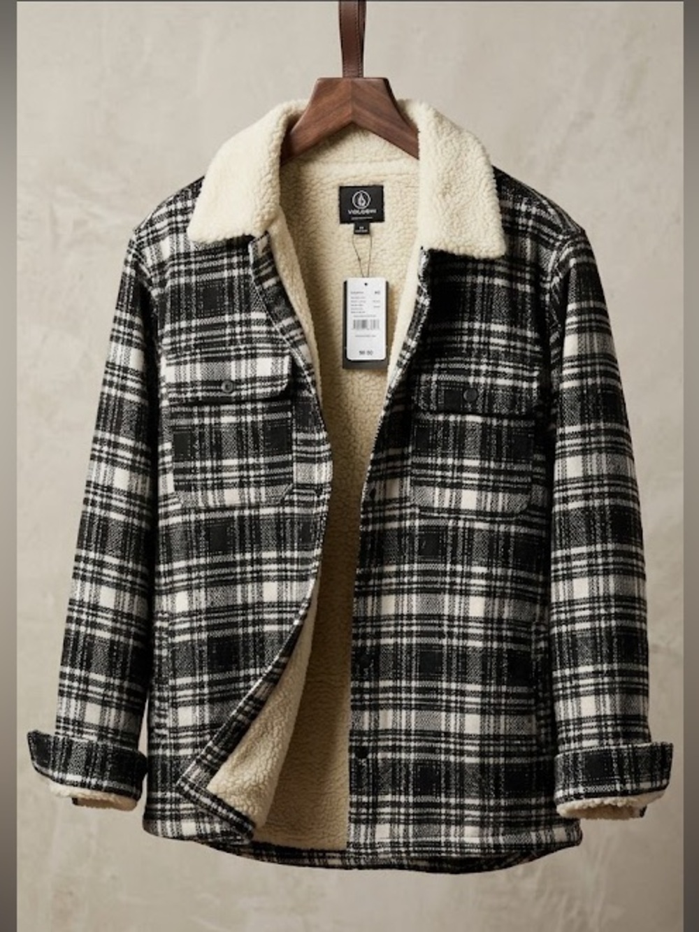 NET PacSun Checkered Black and Cream Teddy Jacket size L